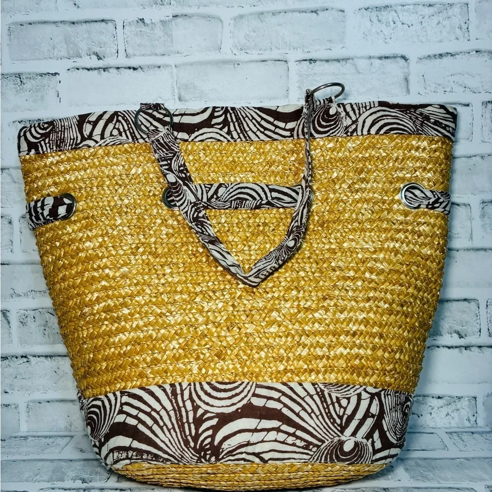 Stylish Yellow Straw with Brown and White Ribbon Accents Tote/Beach Bag